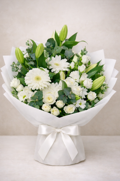 Dromana Bouquet - A beautiful arrangement of classical white flowers, perfect for expressing your sentiments. This bouquet is designed to bring warmth and joy to any setting.