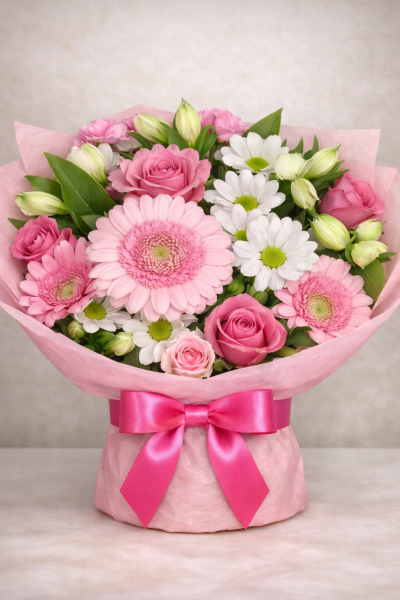 Bouquet of The Day - A charming arrangement featuring a lovely combination of soft pink blooms and lush greenery. Tied with a delicate ribbon, it's perfect for expressing love and admiration on any special occasion.