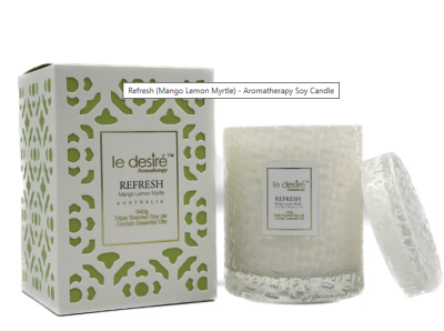 LeDesire Refresh  Candle - LeDesire 340g Soy Candle in a beautiful gift box. 
Natural Cotton Wick, No Lead, No Artificial Colouring and Fragrance,
No Fragrance Enhancer, No Palm Oil In a Reusable Glass.