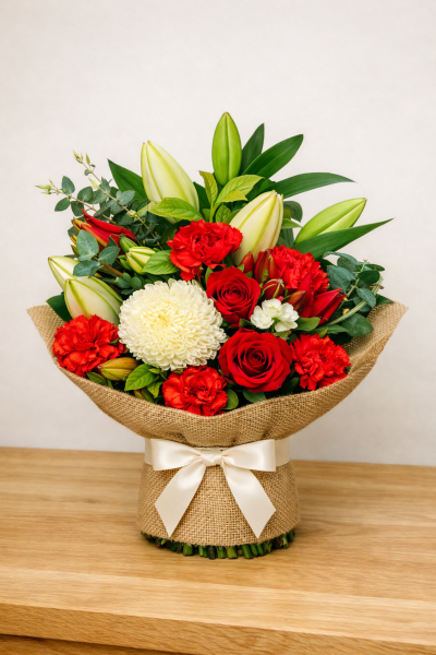 Island Shores - A seasonal mix of red and white flowers. Suitable for many occasions.