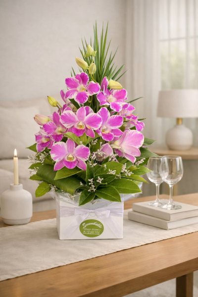 Simply Sweet - An arrangement of Singapore orchids created is a mini box, great for a hospital bedside table or nursing home room. Orchids may differ in colour from those pictured.