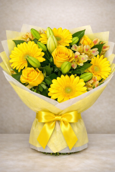 Rise & Shine - A bouquet bursting with cheerful energy, dominated by sunny yellow tones, featuring:
• 	Yellow gerberas with large, bold petals that add a playful touch.
• 	Yellow roses, symbolising friendship and joy, nestled gracefully among the other blooms.
• 	Alstroemeria flowers in yellow hues, adding delicate contrast and texture.
• 	Lilies in  buds and lush foliage interspersed throughout, giving the bouquet a fresh, vibrant feel.
The flowers are tightly packed, creating a harmonious and eye-catching composition. The overall effect is warm, uplifting, and perfect for brightening any space or mood. This bouquet is like a little burst of sunshine.