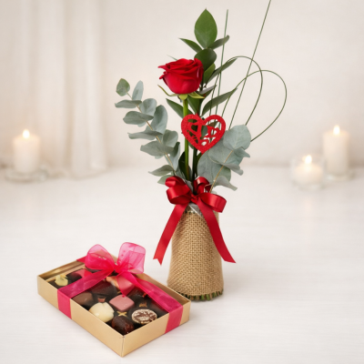A Little Treasure & Chocolates - Leave a lasting impression with this single red rose, presented in a glass vase. Handmade & hand-delivered with chocolates to the one you treasure.